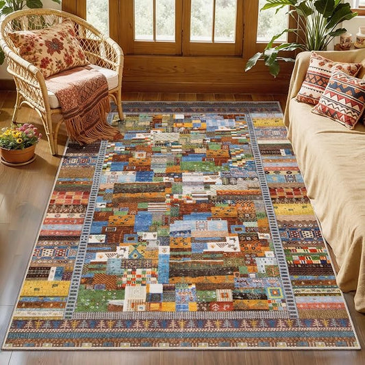 Tangsoo 3x5 Washable Rug, Vintage Throw Rugs Non Slip, Soft Low Pile Floor Rug Tribal Indoor Area Rugs Carpet for Living Room Bedroom Office Laundry Bedside Entrance Entryway(Yellow Multi)