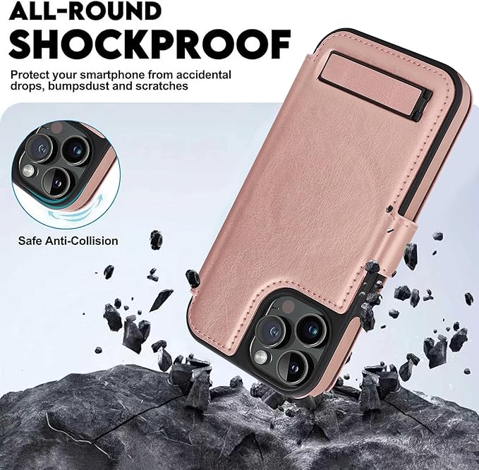 CIVICASE for iPhone 13 Pro Wallet Case with Stand,PU Leather Flip Credit Card Holder Slots (RFID Blocking),Compatible with Magsafe Magnetic Holder Phone Cover Women Men,Rose Gold