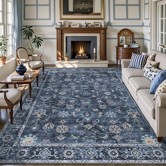 Tangsoo 8x10 Large Area Rug for Living Room, Non Slip Machine Washable Rug for Bedroom, Boho Distressed Vintage Blue Floral Rugs, Soft Indoor Floor Carpet Mat for Office Kitchen Farmhouse Home Decor