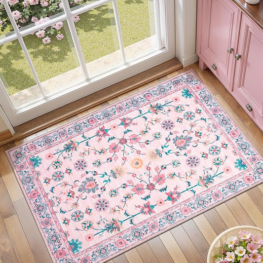 Tangsoo Pink Small Rug for Entryway, 2x3 Washable Entry Rug for Girls Nursery Bedroom Bedside, Non Slip Floral Area Throw Rugs Soft Cute Floor Carpet Indoor Mat for Entrance Kitchen Bathroom