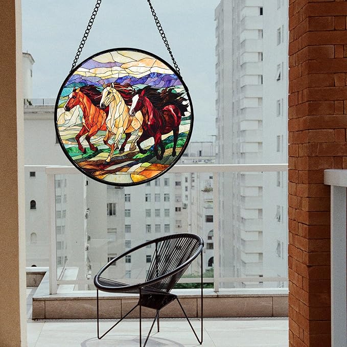 DASTOLL Stained Glass Window Hanging, Colorful Landscape Running Horse Suncatcher for Doors Window Home Sun Catchers Decoration Mother's Day Birthday Gifts for Women, Men, and Mom 15x15 in