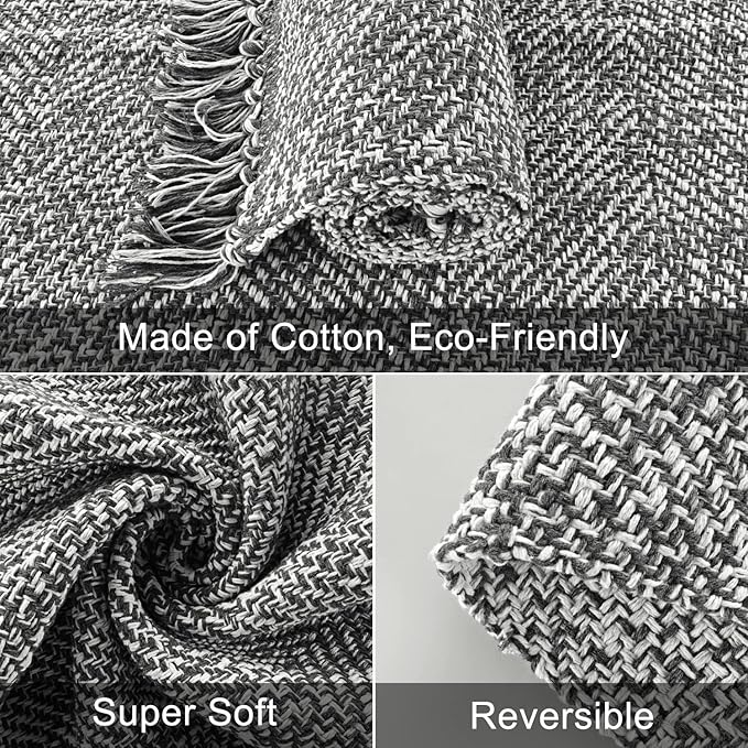 Collive Boho Small Bathroom Rug, 2' x 3' Hand-Woven Kitchen Rugs, Grey Cotton Reversible Washable Modern Farmhouse Carpet for Foyer Bathroom Bedroom Back Door