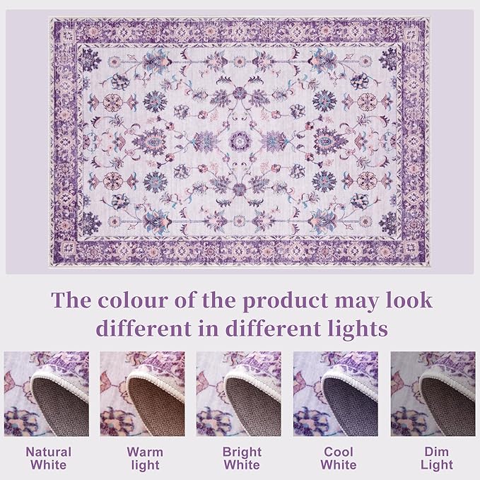 Tangsoo 4x6 Washable Area Rugs Non Slip, Boho Distressed Vintage Purple Floral Throw Rug for Bedroom Nursery, Soft Low Pile Floor Carpet Indoor Mat for Entrance Bedside Kitchen Office Farmhouse