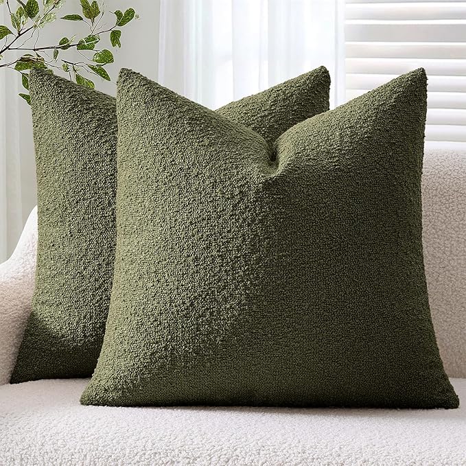ANRODUO Pack of 2 Textured Boucle Throw Pillow Covers Soft Moss Green Decorative Accent Solid Pillow Cases Cozy Modern Couch Cushion Case for Sofa Bedroom Living Room Spring Home Decor, 20 x 20 Inch