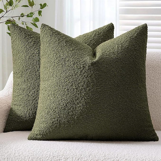 ANRODUO Pack of 2 Textured Boucle Throw Pillow Covers Soft Moss Green Decorative Accent Solid Pillow Cases Cozy Modern Couch Cushion Case for Sofa Bedroom Living Room Spring Home Decor, 18 x 18 Inch