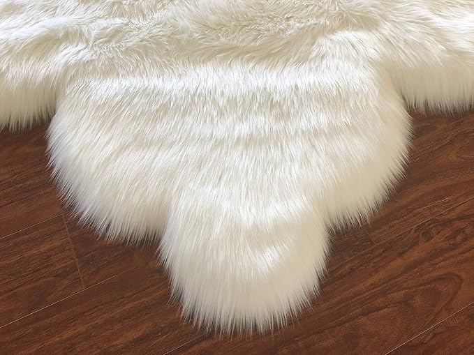 LAMBZY Faux Sheepskin Hypoallergenic,Super Soft Faux Bear Skin Silky Shag Rug (6'x9', White)