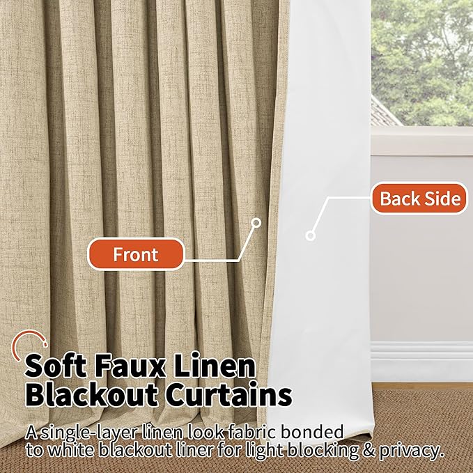 Lajode Linen Blackout Curtains for Living Room Narrow Window, Thermal Insulated Complete Light Blocking Soundproof Small Curtains for Bedroom, Each 38 Inch Wide 80 Inch Length 2 Panels, Burlap