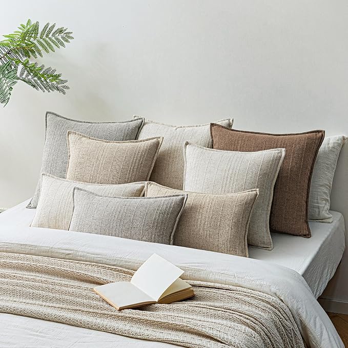 a moment Linen Pillow Covers Set of 2,Boho Farmhouse Throw Pillowcases Neutral Textured Decorative Covers for Couch Sofa,Soft Linen Blend Accent Case Cushion Living Room Home Decor 22"x22"Hazel