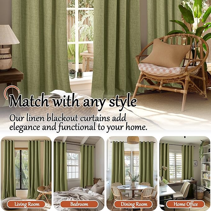 Lajode Linen Blackout Curtains 90 Inch Long, Olive Green Extra Long Curtains for Bedroom Living Room Modern Farmhouse, Thermal Light Blocking Faux Linen Energy Save Drapes Each 52x90 Inch 2 Panels