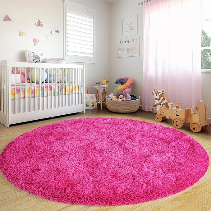 Round Fluffy Rugs 8Ft for Girls Bedroom, Hot Pink Shag Circle Kids Rug Non-Slip for Bedside Dorm Nursery Playroom, Soft Cute Area Rugs for Living Room Decor