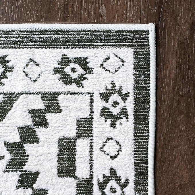 Moroccan Washable Entryway Rug 2x3, Geometric Woven Area Rug, Non-Slip Boho Accent Soft Low-Pile Front Door Mat Indoor Entrance, Small Throw Rug for Bathroom Front Porch, Olive Green/White