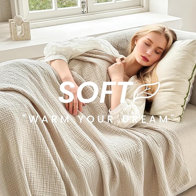 FALUCA Cotton Muslin Reversible Blanket Twin Size for Bed, Couch, Four Layers Blanket, Soft Lightweight Cozy Breathable Farmhouse Decoration for All-Season, Khaki