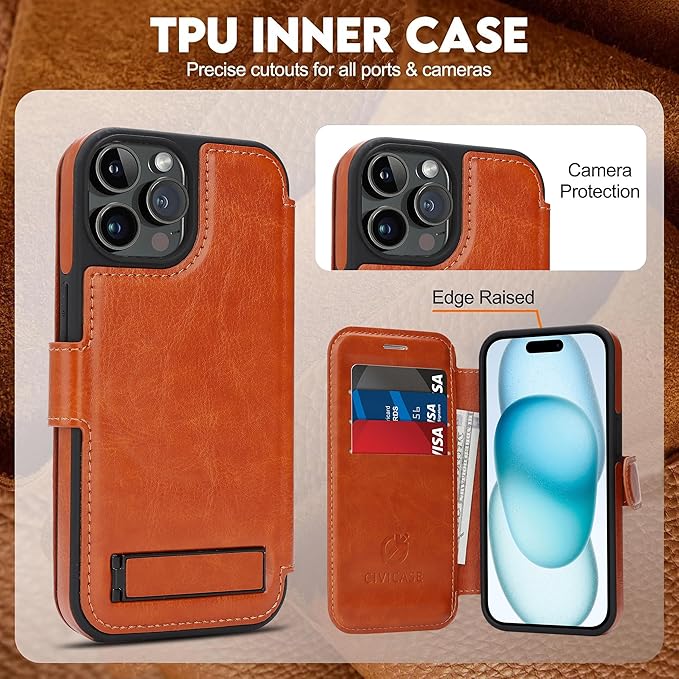 CIVICASE for iPhone 13 Pro Max Wallet Case with Stand,PU Leather Flip Credit Card Holder Slots (RFID Blocking),Compatible with Magsafe Magnetic Holder Phone Cover Women Men,Brown