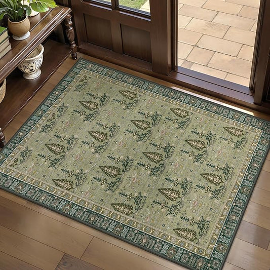 Tangsoo 2x3 Small Washable Entry Rug, Vintage Boho Green Floral Rug for Entryway Bedroom Entrance, Non Slip Soft Low Pile Door Mat Throw Carpet for Kitchen Bathroom Foyer Decor