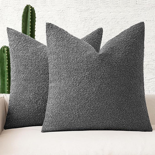 MIULEE 24x24 Decorative Euro Sham Throw Pillows for Bed Set of 2 Textured Boucle Neutral Winter Throw Pillow Covers Dark Gray Accent Solid Couch Pillowcases Sofa Livingroom Home Decor