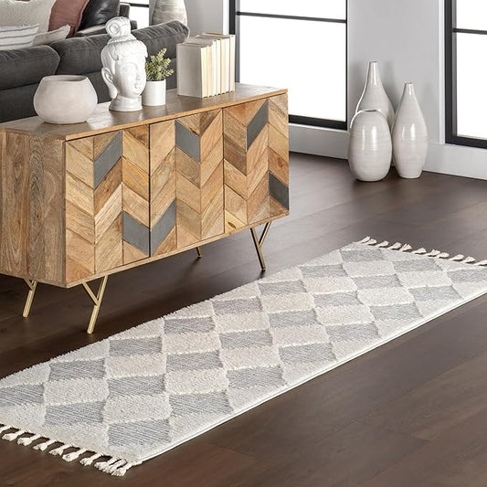 Nuloom Marissa Off-White/Grey, 2'8" x 8', Diamond, Tassel, Soft and Cozy, High Traffic, Stain Resistant, Easy Clean, Durable Runner for Bedroom, Living Room, Dining Space, Den, Foyer, Entryway