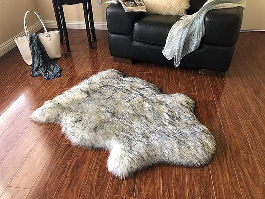 Free Shape Luxury Soft Fluffy Shag Area Rug Single 2’x3’, 60x90cm - Vegan Fur Ultra Soft Indoor Carpet Nursery Rugs for Bedroom Home Decor, White with Black Tips