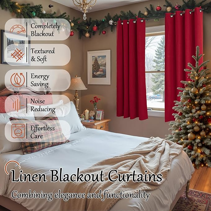 Lajode Red Christmas 100% Linen Blackout Curtains 63 Inch Long 2 Panels, Thick Heavy Thermal Insulated Cold Blocking Noise Reducing Window Curtains for Winter Decoration, Each 52x63 Inch 2 Panels