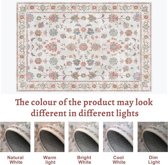 Tangsoo Floral Area Rug 6x9 Machine Washable Non-Slip Rug Vintage Distressed Boho Print, Soft Low Pile Carpet for Living Room, Bedroom, Dining Room, Pet & Child Friendly (Home Decor)