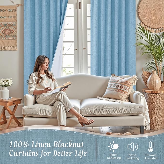 LAMIT 100% Blackout Linen Curtains, 72 Inches Linen Textured Thermal Bedroom Curtains Back Tab and Rod Pocket Neutral Panels with White Liner for Boys' Room, 2 Panels, 52 x 72 Inch, Blue