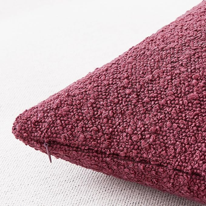 Mixhug Decorative Boucle Throw Pillow Covers, Burgundy Red, 18 x 18 Inches, Pack of 2 - Textured Boho Pillow Covers for Couch and Bed