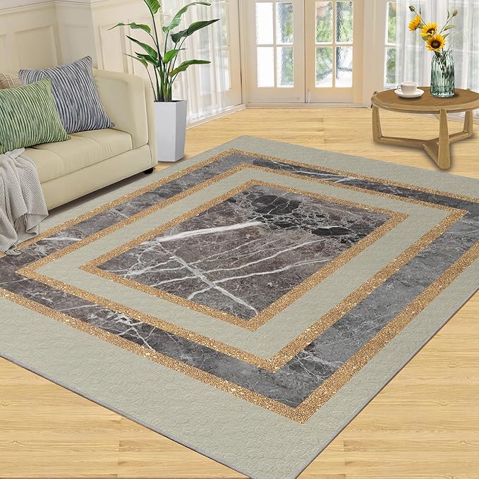 Light Luxury Marble Area Rugs Gilded Stripe Geometry Area Carpet Abstract Marble Texture Rug Stone Crack Carpet for Living Room Study Bedroom 4x5ft