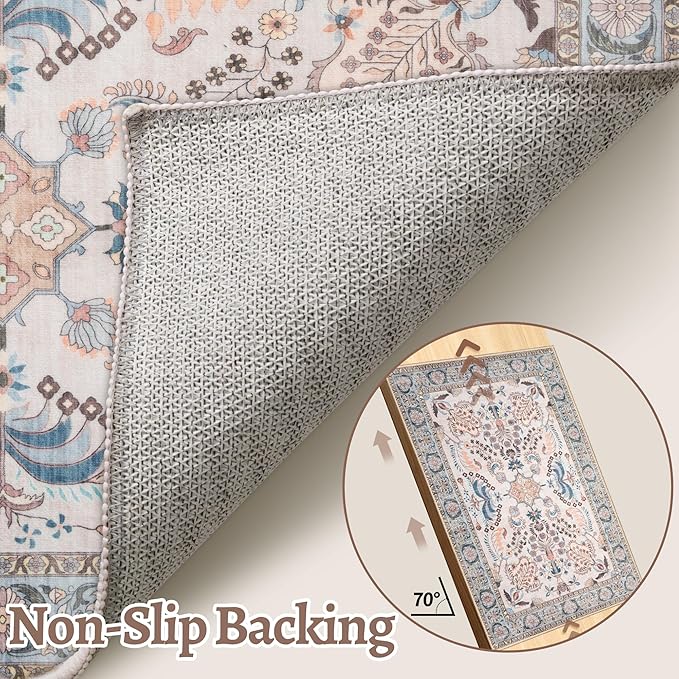 Tangsoo 2x6 Washable Runner Rug for Hallways,Non Slip Vintage Floral Rug Runner, Soft Low Pile Neutral Floor Carpet Runners for Kitchen Bedroom Entryway Living Room Bedside Laundry Home Decor