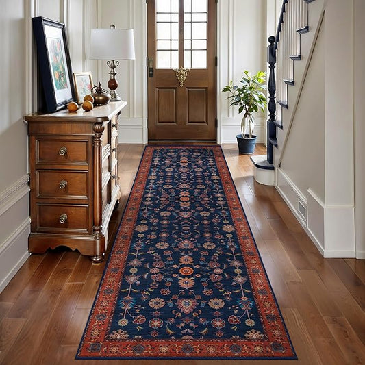 Tangsoo Washable Runner Rug for Hallway Non Slip, 2.6x8 Boho Floral Vintage Carpet Runner Rugs for Entryway, Floor Low Pile Runners for Kitchen Bathroom Laundry Bedroom Alfombra Red Blue Farmhouse