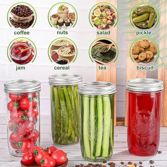 Mason Jars 24 oz Wide Mouth with Measurement Marks–12Pack Glass Canning Jars with Airtight Leakproof Lids & Bands, BPA-Free for Meal Prep, Fermentation, Pickling & Storage (clear 6pack 24oz)