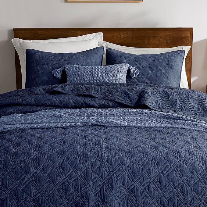 WDCOZY 100% Cotton Queen Size Quilt Set - Navy Blue Pre-Washed Soft Lightweight Modern Bedspread, Farmhouse Country Rustic Coverlet, Textured Like Linen, Shabby Chic Gauze Bedding, 3 Pieces