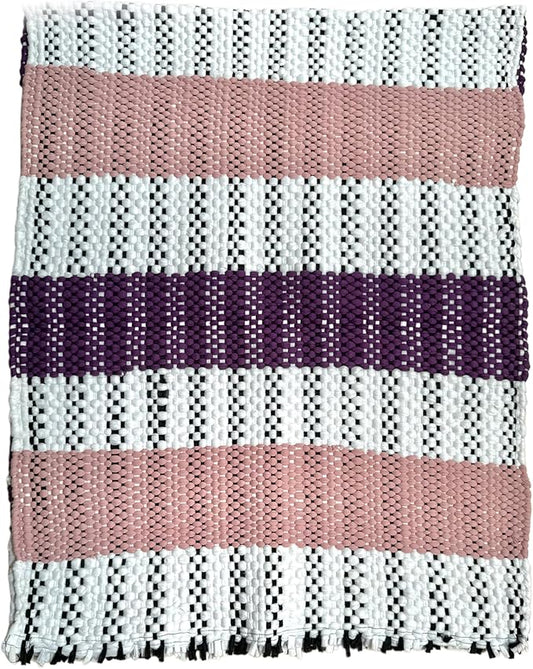 Handmade Mexican Chindi Rug-Colorful Washable Boho Rag Rug 5x2 ft Woven Runner for Kitchen, Bedroom, or Bath, Hippie Area Mat with Tassels, Mexican Style Floor Carpet-Rustic (Stripes Pink and Purple)