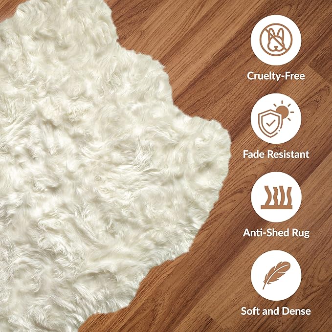 Luxe Gordon Faux Fur Rug with Soft and Fluffy Pile | Machine Washable Living Room Rug with Anti-Slip Backing | Cruelty-Free Area Rugs for Office or Bedroom, White, 4 ft x 6 ft