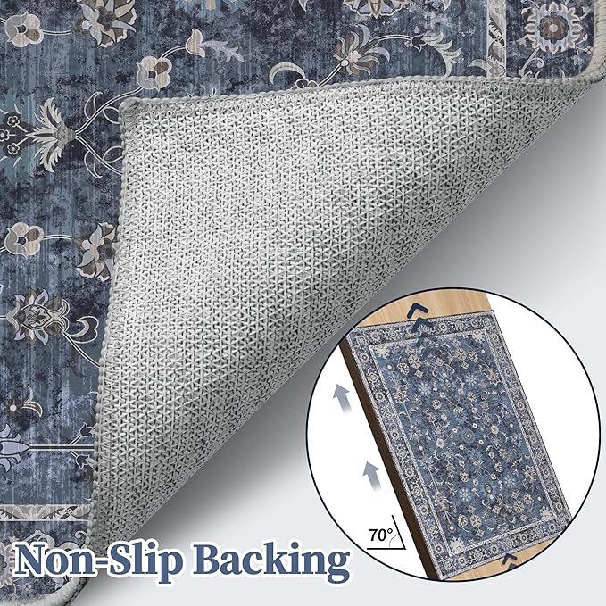 Tangsoo 8x10 Large Area Rug for Living Room, Non Slip Machine Washable Rug for Bedroom, Boho Distressed Vintage Blue Floral Rugs, Soft Indoor Floor Carpet Mat for Office Kitchen Farmhouse Home Decor