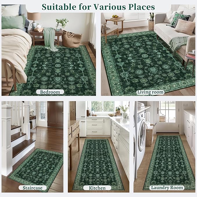 Tangsoo Green 2x6 Runner Rug Non Slip Washable for Kitchen Bathroom, Vintage Floral Boho Rug Runner for Hallway Entryway, Low Pile Carpet Door Mat Indoor Entrance for Bedroom Laundry Pet&Kids Friendly
