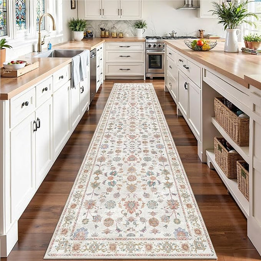 Tangsoo Runner Rug Hallway 2.6x10 Washable Carpet Runner Boho Vintage Floral Distressed Print Non Slip Soft Low-Pile Indoor Rug for Kitchen, Entryway, Bedroom, Laundry, Hallway Runner(Home Decor)