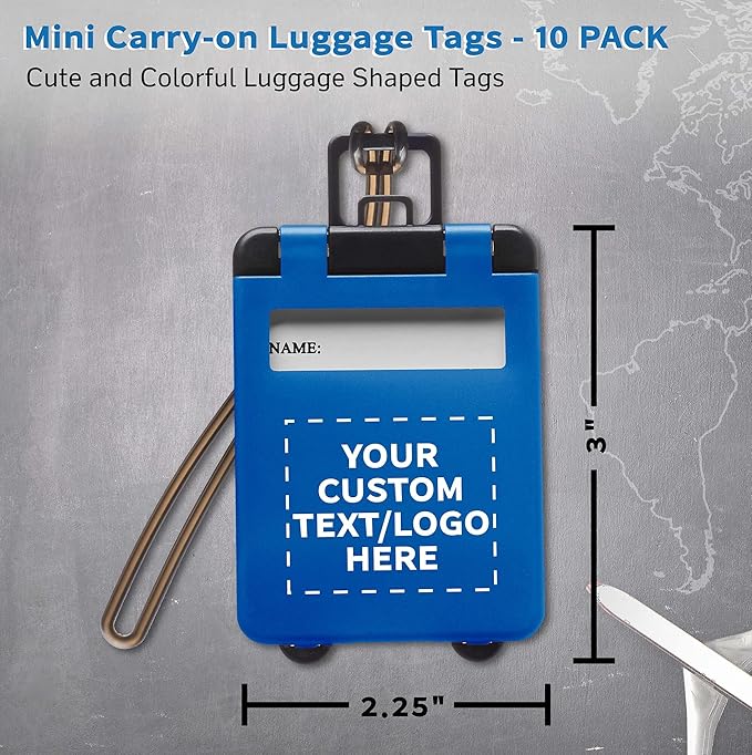 10 Mini Carry-on Luggage Tags Pack - Customizable Text, Logo - Flip Open Cover, ID Sticker - Blue