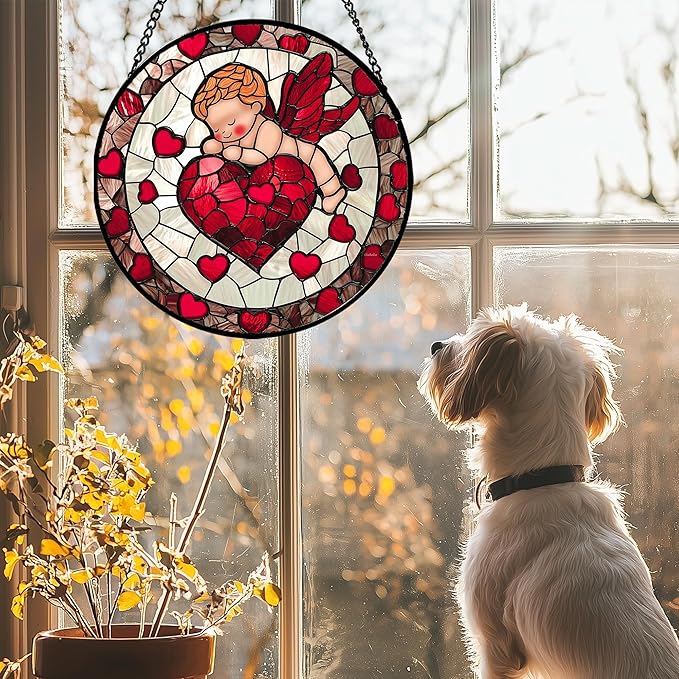 Stained Glass Window Hanging - Red Love Angel Sun Catcher for Door Garden Home Decor Cute Suncatcher Christmas Mother's Day Birthday for Women Men Mom Nana 7.8 in