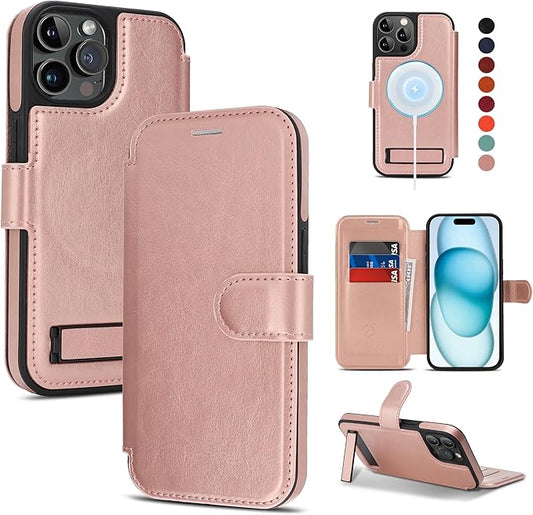 CIVICASE for iPhone 13 Pro Max Wallet Case with Stand,PU Leather Flip Credit Card Holder Slots (RFID Blocking),Compatible with Magsafe Magnetic Holder Phone Cover Women Men,Rose Gold