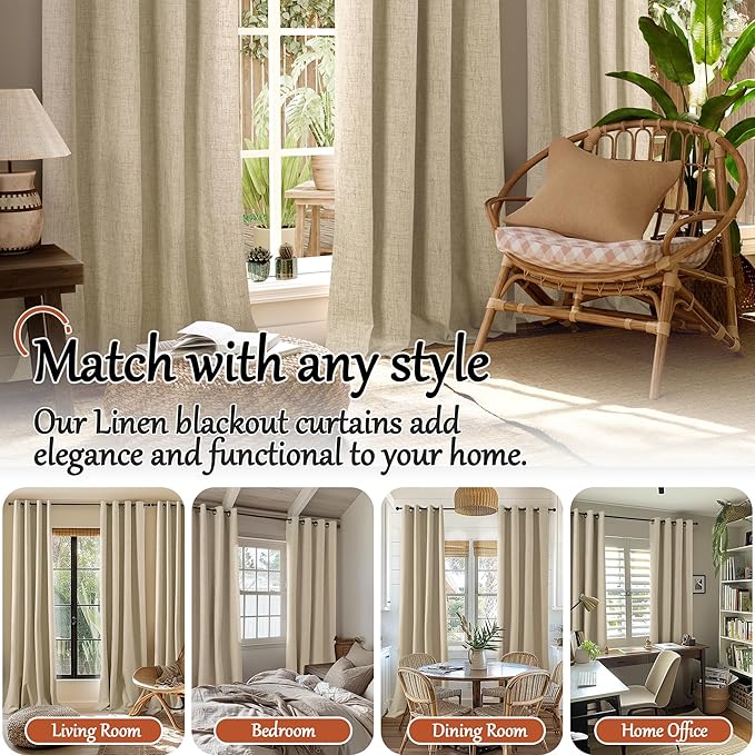 Lajode 100% Blackout Curtains for Living Room/Bedroom 84 Inch Length 2 Panels Set, Thermal Insulated Bronze Grommet Boho Light Blocking Faux Linen Window Drapes White Liner, Each 52" Wide, Burlap