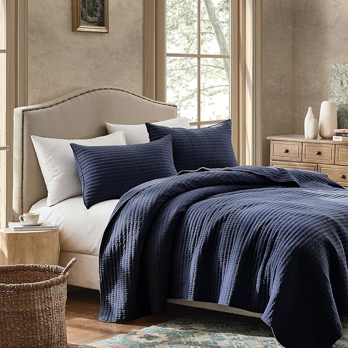 WDCOZY 100% Cotton King Size Quilt Set - Navy Blue Striped Pick Stitch Soft Lightweight Bedspread, Textured Like Linen, Farmhouse Country Rustic Coverlet, Shabby Chic Gauze Bedding, 3 Pieces