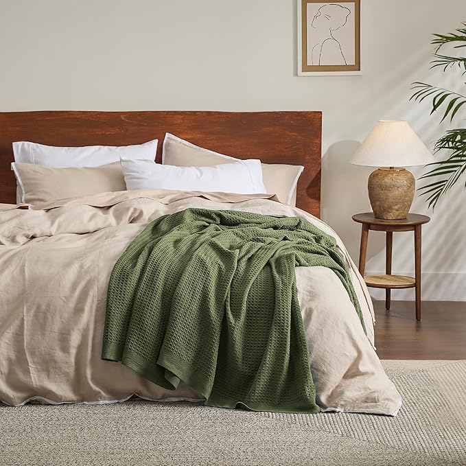 Bedsure Gentlesoft 100% Cotton Large Throw Blanket for Couch 50x70 inches - Breathable and Soft, Waffle Weave Throw Blanket for Office, Olive Green