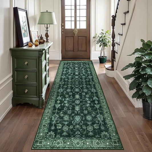 Tangsoo Green 2.6x8 Long Runner Rug Non Slip for Hallway, Washable Vintage Floral Boho Rug Runner for Kitchen Bathroom, Low Pile Carpet Door Mat Indoor Entrance for Bedroom Laundry Pet&Kids Friendly