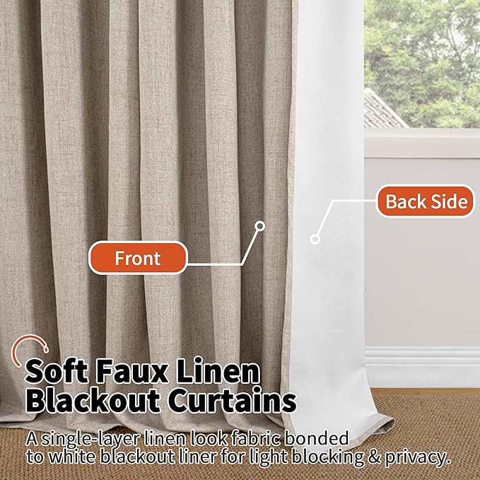 Lajode Beige 100% Blackout Curtains for Living Room 95 Inch Length 2 Panels Set, Thermal Insulated Light Blocking Faux Linen Curtains for Bedroom, Bronze Grommet Boho Window Drape Each 52" Wide