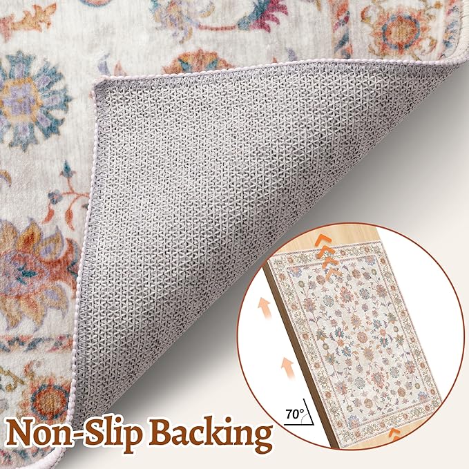 Tangsoo Washable Area Rug, 3x5 Pottery Barn Neutral Floral Rugs for Bedroom Living Room, Vintage Boho Non Slip Low Pile Beige Carpet for Farmhouse Nursery Office Laundry, Pet & Child Friendly
