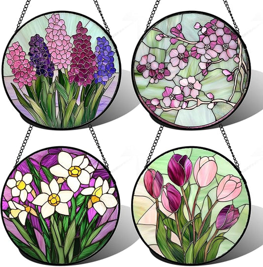 Stained Glass Window Hanging 4 Pcs Set Tulips Plum Flower Daffodils Hyacinths Large 15" - Suncatcher Door Garden Sun Catcher Decor Birthday Mother's Day for Mom Woman Nana