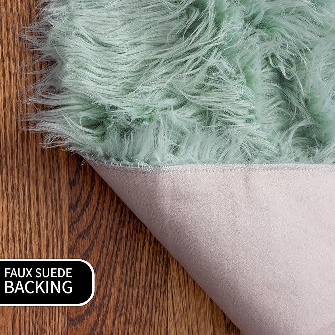 6 x 9 ft Fluffy Mint Green Rug – Large Faux Fur Area Rug for Bedroom, Living Room, or Dining Room – Plush Faux Sheepskin Accent
