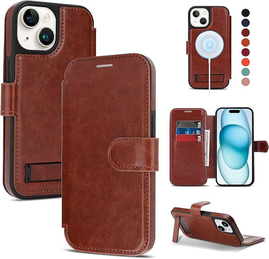 CIVICASE for iPhone 15 Wallet Case with Stand,PU Leather Flip Credit Card Holder Slots (RFID Blocking),Compatible with Magsafe Magnetic Holder Phone Cover Women Men, Dark Brown