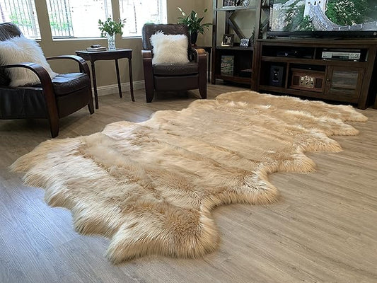 LAMBZY Faux Sheepskin Super Soft Hypoallergenic Silky Shag Rug for Living Room, Kids Room, Sofa (Duo Decto 12 Pelts 6'x12', Beige)