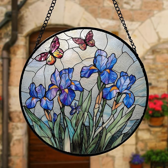 DASTOLL Stained Glass Window Hanging, Blue Iris Flowers Butterfly Suncatcher Diamond Colorful Glass Panel Sun Catchers Decor for Birthday for Women, Men, Wife, Aunt, and Mom 9.8 in