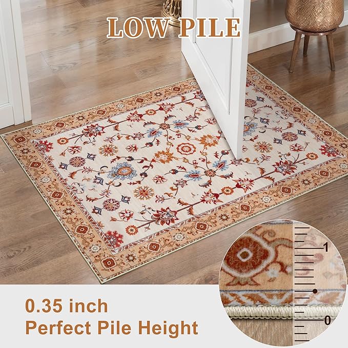 Tangsoo Floral Area Rug 4x6 Machine Washable Orange Rug Non-Slip Vintage Distressed Boho Print, Soft Low Pile Carpet for Living Room, Bedroom, Dining Room, Pet & Child Friendly (Orange Home Decor)